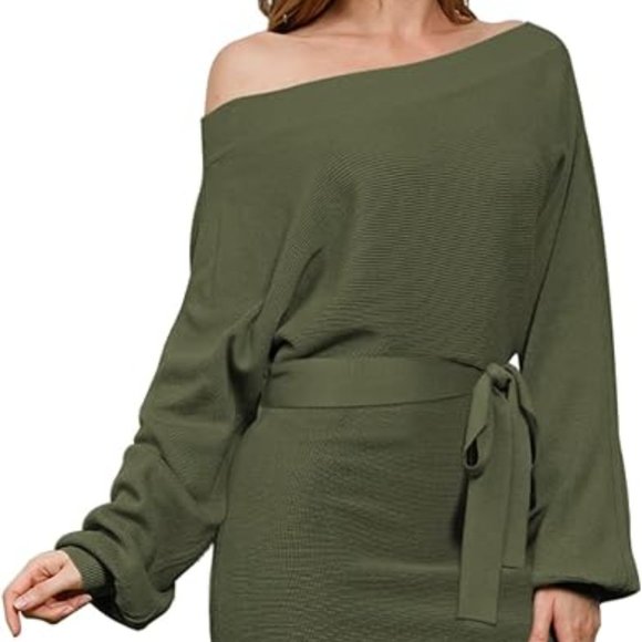 Women's Off Shoulder Sweater Dress Ribbed Tie Waist Short Bodycon Dress Green - Picture 8 of 9